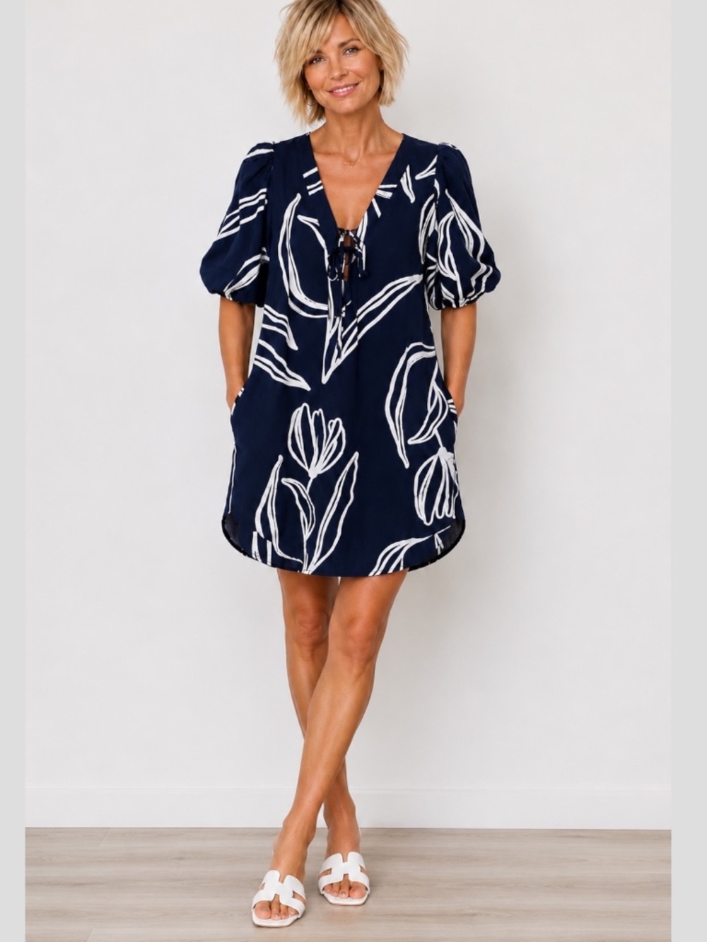 CYNTHIA ROWLEY Linen Blend Puff Sleeve Dress Navy & White Popover Style Sz S